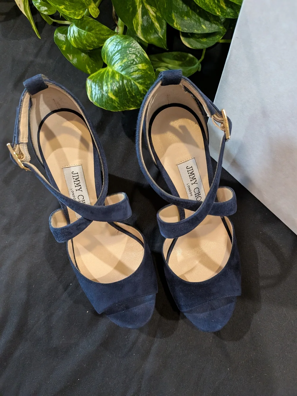 Jimmy Choo April 120 Women's Navy Suede Crisscross Platform High Block Heel